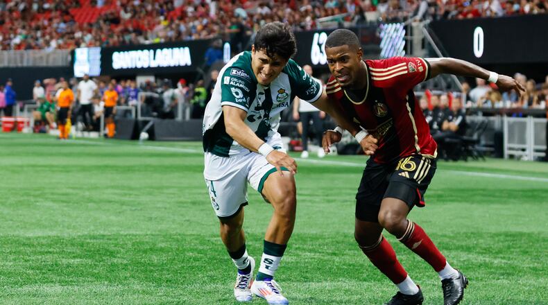 Atlanta United forward Xande Silva (16) battles for the ball against Santos Laguna forward Diego Medina (24) during the second half at Mercedes-Benz Stadium on Sunday, August 4, 2024, in Atlanta.
(Miguel Martinez/ AJC)