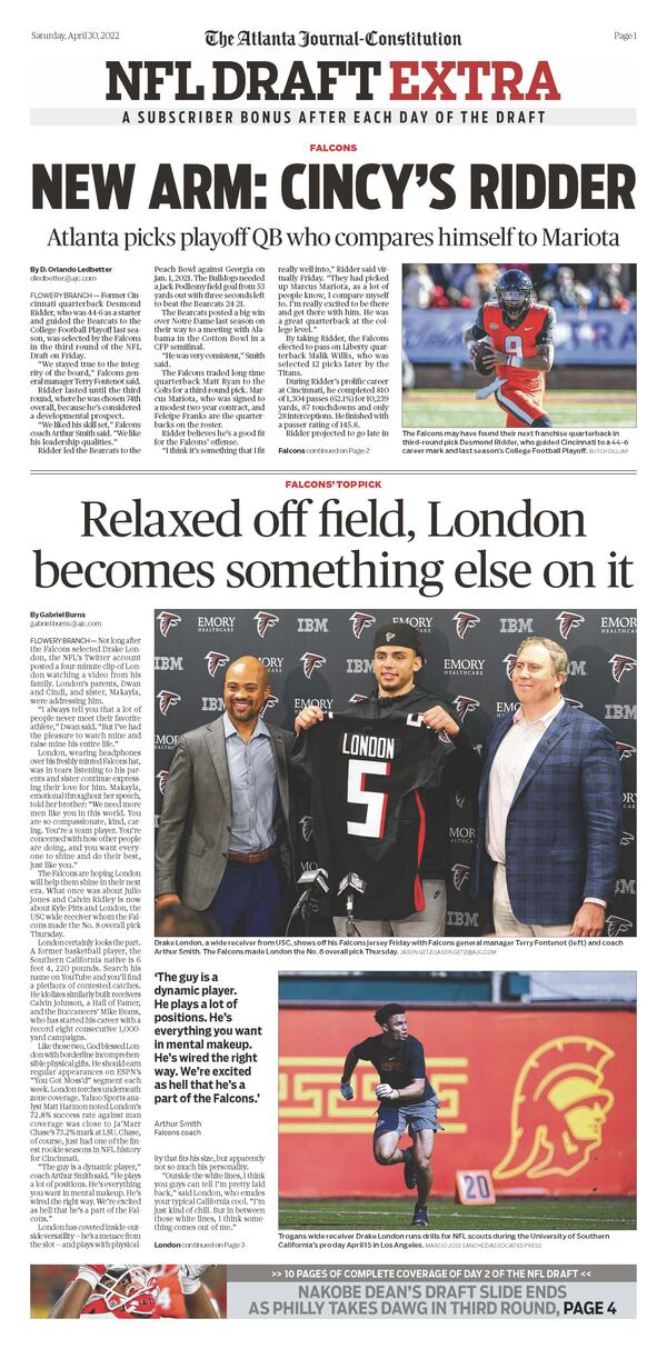 A quarterback for the Falcons and more NFL Draft coverage in Saturday ePaper