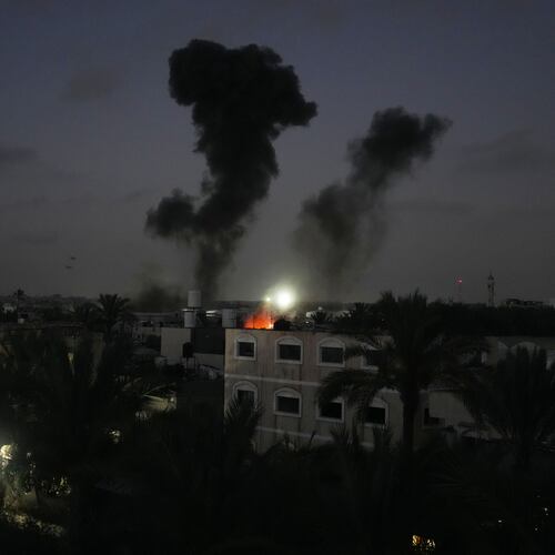 Smoke rises from an Israeli airstrike in Deir al-Balah, central Gaza Strip, Saturday, June 27, 2026. (AP Photo/Abdel Kareem Hana)