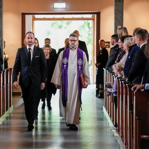 Norway's King Haakon arrives for the mourning service for King Harald in Asker church, Asker, Norway, Sunday Aug. 30, 2026. (Cornelius Poppe/NTB via AP)