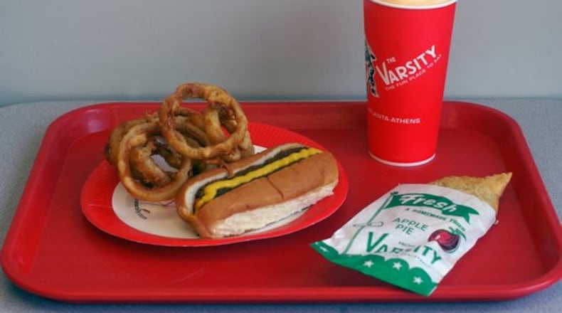 060818 - ATLANTA, GA -- A chili dog with french fries, a frosted orange drink and an apple pie at the Varsity in Atlanta, Ga Friday, August 18, 2006. (ELISSA EUBANKS/AJC staff) Would you wager a Varsity chili dog?