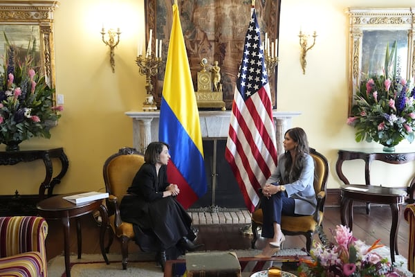 U.S. Homeland Security Secretary Kristi Noem, right, meets with Colombian Foreign Minister Laura Sarabia in Bogota, Colombia, Thursday, March 27, 2025. (AP Photo/Alex Brandon, Pool)