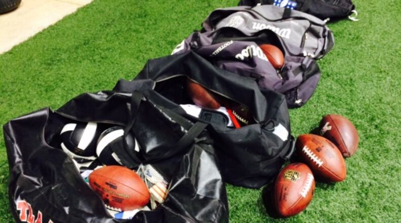 The Falcons equipment is packed away as they await new coach Dan Quinn. (D. Orlando Ledbetter/Dledbetter@ajc.com)