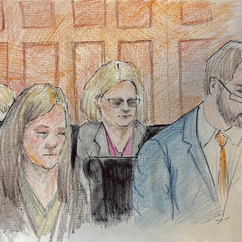 This courtroom sketch depicts Milwaukee County Circuit Judge Hannah Dugan in court as jury selection in her trial begins Thursday, Dec. 11, 2025 in Milwaukee, Wis. (Adele Tesnow via AP)