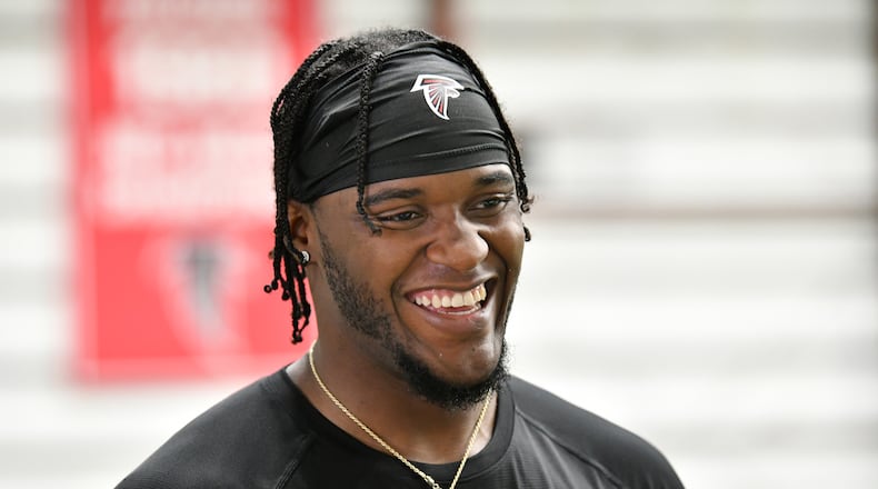 DeMarcco Hellams smiles as he answers questions from members of the press after rookie minicamp at Atlanta Falcons Training Facility, Friday, May 12, 2023, in Flowery Branch. (Hyosub Shin / Hyosub.Shin@ajc.com)
