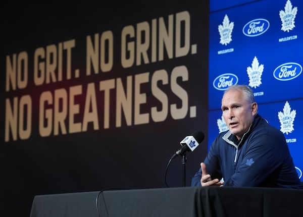 Toronto Maple Leafs head coach Craig Berube speaks to the media during an end-of-season NHL hockey news conference in Toronto, Tuesday, May 20, 2025. (Nathan Denette/The Canadian Press via AP)