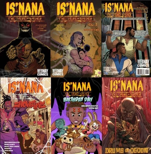 This image provided by Greg Anderson Elysee shows six covers from Greg Anderson Elysée's Is'nana comics series about the adventures of the son of Anansi the Spider, a god in the Akan religion of West Africa. (Greg Anderson Elysée via AP)