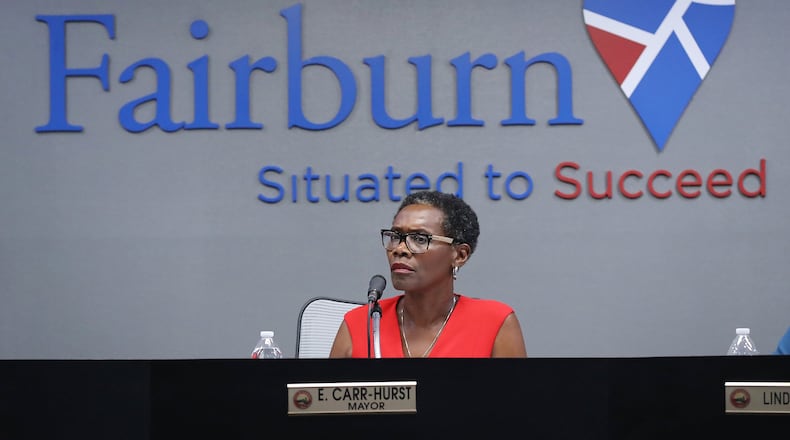 Mayor Elizabeth Carr-Hurst leads the City Council work session and council meeting on Monday, August 12, 2019, in Fairburn. Former employees say the mayor has used fear and intimidation to push out those who disagree with her. CURTIS COMPTON/CCOMPTON@AJC.COM