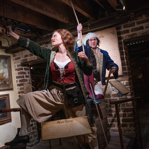 An exhibit in the Savannah Pirates and Treasure Museum depicts Anne Bonny (center) and Mary Read, who were among the few female pirates during the Golden Age of Piracy. (Courtesy of Travis Spagenhurg)