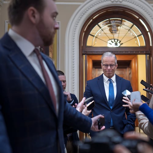 Senate Majority Leader John Thune, R-S.D., speaks to reporters outside the chamber at the Capitol in Washington, Thursday, April 2, 2026. (AP Photo/J. Scott Applewhite)