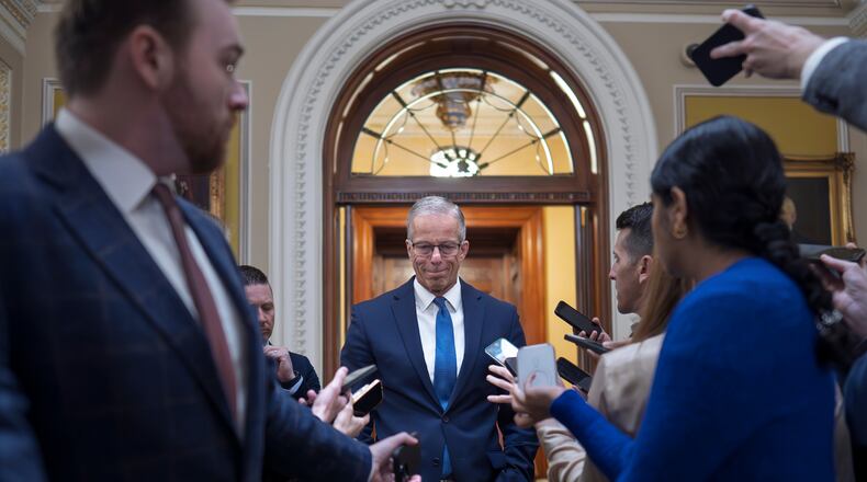 Senate Majority Leader John Thune, R-S.D., speaks to reporters outside the chamber at the Capitol in Washington, Thursday, April 2, 2026. (AP Photo/J. Scott Applewhite)