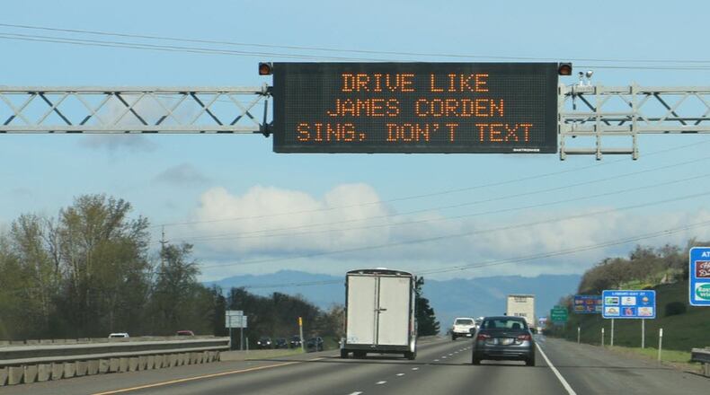 Comedian James Corden served as inspiration for a traffic sign discouraging texting while driving. (Photo: Oregon Department of Transportation)