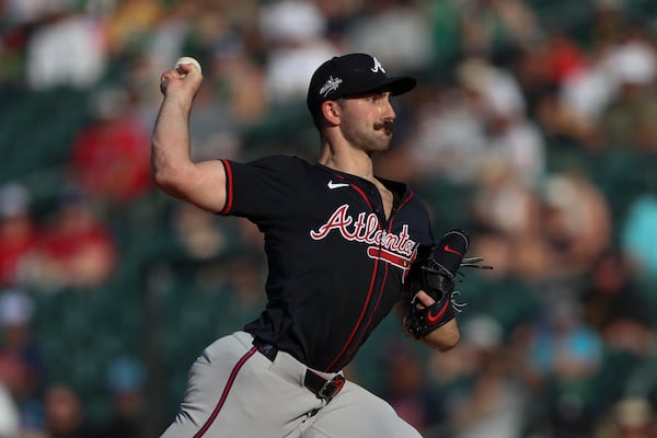 Atlanta Braves pitcher Spencer Strider throws to an Athletics batter during the first inning of a baseball game Thursday, July 10, 2025, in West Sacramento, Calif. (AP Photo/Scott Marshall)