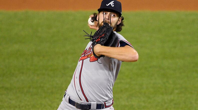 Atlanta Braves starting pitcher Ian Anderson delivers a pitch during the fifth inning of a baseball game against the Washington Nationals, Saturday, Sept. 12, 2020, in Washington. (AP Photo/Nick Wass)