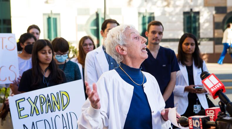 Rita Valenti, RN, speaks during a press conference on Tuesday, September 27, 2022, held by doctors and healthcare professionals concerned with the closure of Atlanta Medical Center at Grady Hospital in Atlanta. Due to limited space and resources at Grady Hospital, the group called for Medicaid expansion to mitigate the effects of Atlanta Medical Center's closure. CHRISTINA MATACOTTA FOR THE ATLANTA JOURNAL-CONSTITUTION.