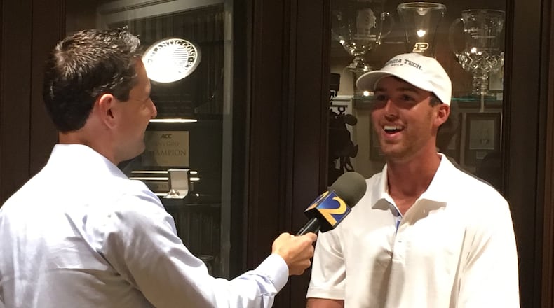 Georgia Tech senior Andy Ogletree talks with WSB-TV sports director Zach Klein on August 19, 2019 at the Tech golf team's offices after winning the U.S. Amateur the previous day in Pinehurst, N.C. (AJC photo by Ken Sugiura)