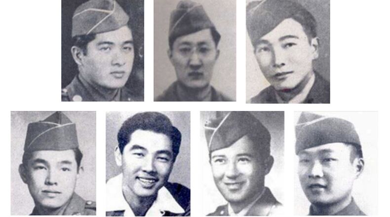 This combo image made with photos provided by the U.S. Army Pacific shows, from left to right, University of Hawaii ROTC cadets Jenhatsu Chinen, Daniel Betsui and Howard Urabe, top row, and Hiroichi Tomita, Grover Nagaji, Robert Murata and Akio Nishikawa, bottom row. (U.S. Army Pacific via AP)