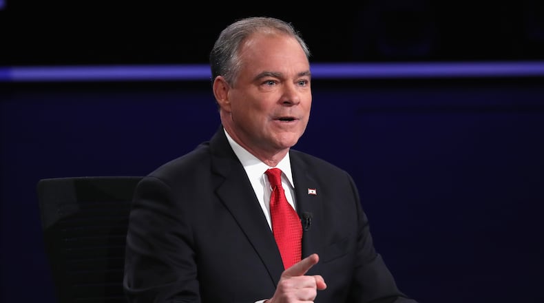 Democratic vice presidential nominee Tim Kaine speaks during the vice presidential debate with Republican vice presidential nominee Mike Pence in Farmville, Va., on Tuesday. Mark Wilson/Getty Images