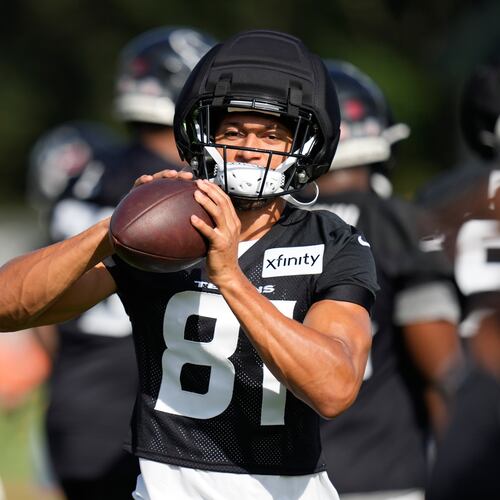 Houston Texans wide receiver Jayden Higgins works out during the team's NFL football training camp in Houston, Wednesday, July 29, 2026. (AP Photo/Ashley Landis)