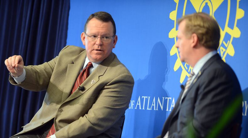 November 5, 2012 ATLANTA Falcons announcer Wes Durham (LEFT) moderates a question and answer session as NFL commissioner Roger Goodell visits the Atlanta Rotary Club and we cover the event to gauge how much of this appearance is to help sell community leaders on a new stadium for the Falcons. KENT D. JOHNSON / AJC