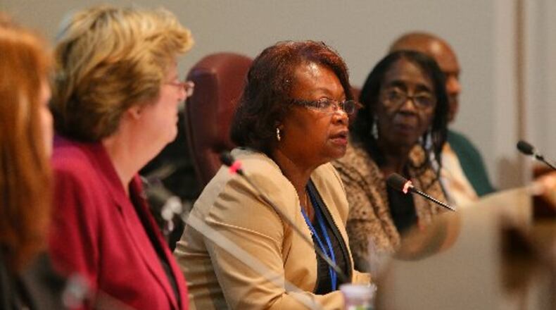 Clayton Schools Superintendent Luvenia Jackson (center) at a school board meeting.