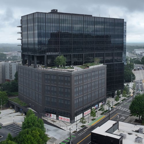 An aerial photo shows the 1050 Brickworks office building that was completed in 2024. It was one of Atlanta's last office buildings constructed without any tenants, and it still has no tenants as of Tuesday, July 14, 2026. The building was just sold for a steep discount. (Hyosub Shin/AJC)