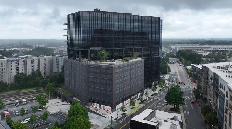 An aerial photo shows the 1050 Brickworks office building that was completed in 2024. It was one of Atlanta's last office buildings constructed without any tenants, and it still has no tenants as of Tuesday, July 14, 2026. The building was just sold for a steep discount. (Hyosub Shin/AJC)