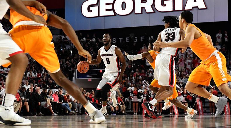 William Jackson II of Georgia dribbles against Tennessee at Stegeman Coliseum on February 17, 2018 in Athens, Georgia. (Photo by Mike Comer/Getty Images)