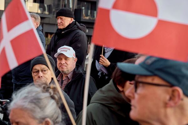 Cross-political support demonstration for Greenland and Greenlanders in front of Greenland's representation in Christianshavn, Copenhagen, Friday, March 28, 2025. (Thomas Traasdahl//Ritzau Scanpix via AP)