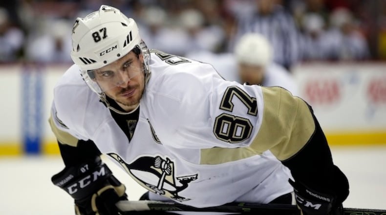 Pittsburgh Penguins center Sidney Crosby (87) prepares for a faceoff in the second period of an NHL hockey game against the Washington Capitals, Thursday, April 7, 2016, in Washington. (AP Photo/Alex Brandon)