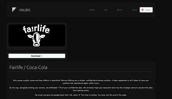 A screenshot from a website posted by the group Anubis, claiming responsibility for the ransomware attack on Coca-Cola's dairy brand Fairlife. This was captured Monday, July 27.