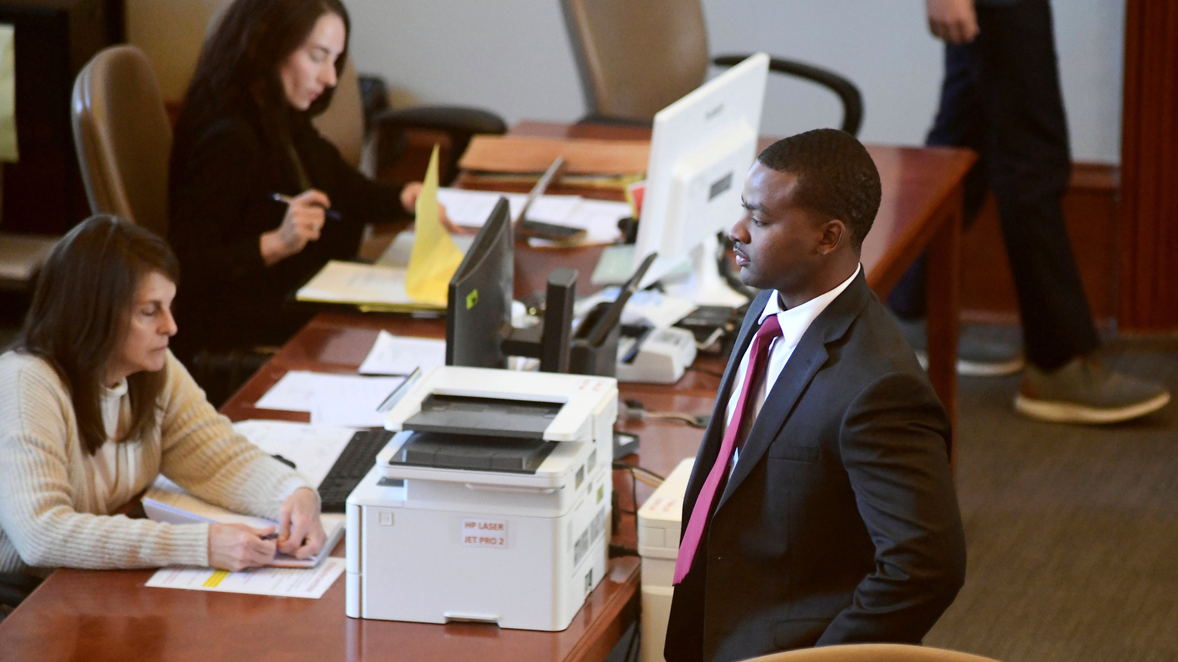 FILE - Sheldon Timothy Herrington Jr., who is on trial on a capital murder charge in the 2022 death of University of Mississippi student Jimmie "Jay" Lee, looks out into the courtroom during the lunch break, in Oxford, Miss., on Dec. 3, 2024. (Bruce Newman/The Northeast Mississippi Daily Journal via AP, Pool, File)