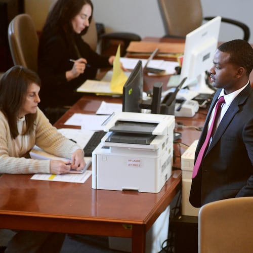 FILE - Sheldon Timothy Herrington Jr., who is on trial on a capital murder charge in the 2022 death of University of Mississippi student Jimmie "Jay" Lee, looks out into the courtroom during the lunch break, in Oxford, Miss., on Dec. 3, 2024. (Bruce Newman/The Northeast Mississippi Daily Journal via AP, Pool, File)