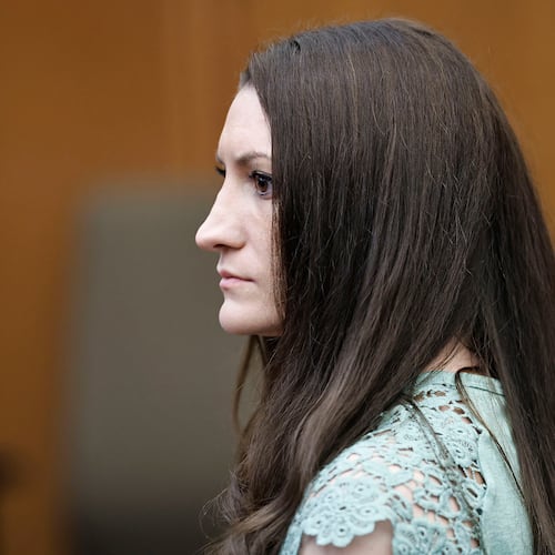 Lindsay Clancy watches jurors as they enter the courtroom to start their second day of deliberations in her murder trial at Plymouth Superior Court on Friday, Aug. 28, 2026 in Plymouth Mass. (Greg Derr/The Patriot Ledger via AP, Pool)