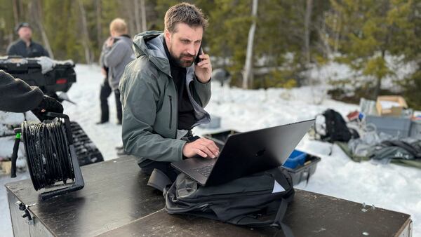 This undated photo, issued by SVT, shows preparations in Junsele, Sweden for the livestream 'The Great Moose Migration' to document the annual Moose migration near Kullberg in northern Sweden. (SVT via AP)