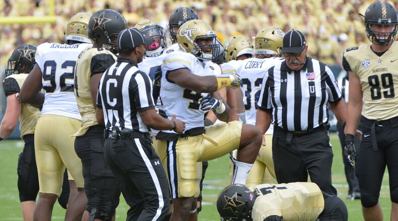 Georgia Tech Yellow Jackets defensive end KeShun Freeman (42) reacts in the first half at Bobby Dodd Stadium on Saturday, September 17, 2016. HYOSUB SHIN / HSHIN@AJC.COM