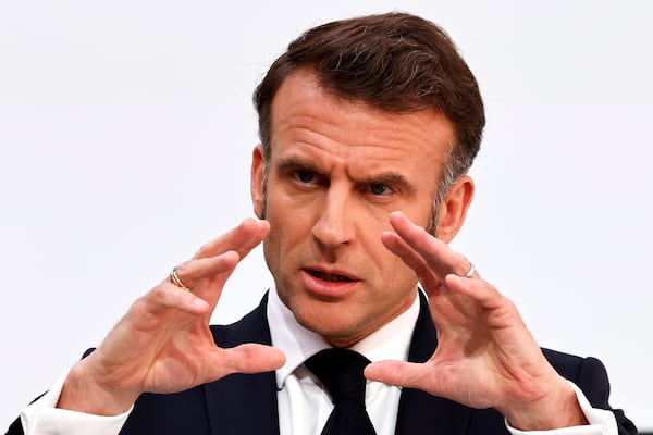 French President Emmanuel Macron delivers a speech after the so-called Coalition of the willing summit at the Elysee Palace, Thursday, March 27, 2025 in Paris. (Ludovic Marin, Pool via AP)