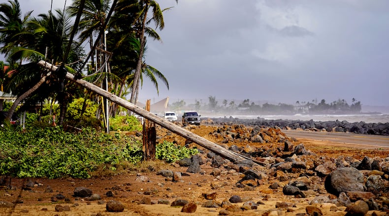 Damage caused by Hurricane Lowell is seen on Tuesday, Sept. 8, 2026 in Poʻipū on Kauaʻi's south shore, in Hawaii. (Kevin Fujii/Honolulu Civil Beat via AP)