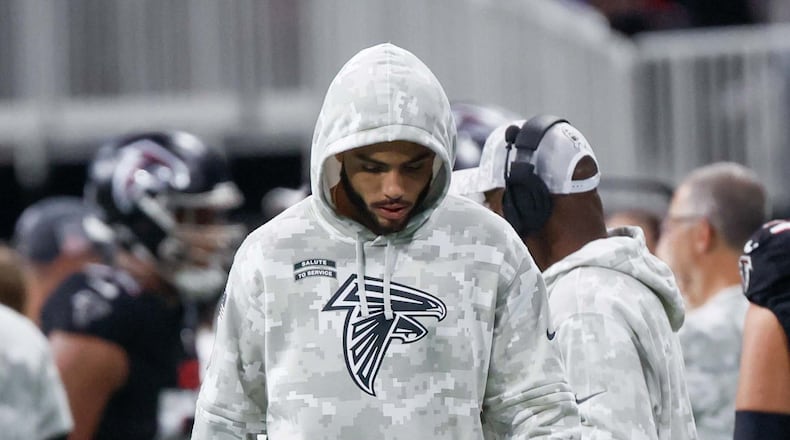 Drake London on the sidelines during the second half of the Nov. 3 Falcons-Cowboys game at Mercedes-Benz Stadium.
(Miguel Martinez/ AJC)