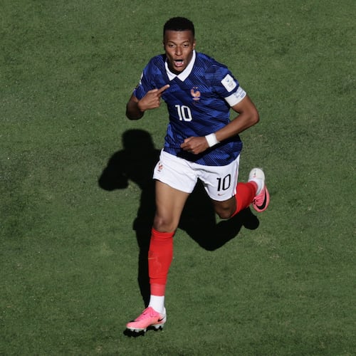 France's Kylian Mbappe celebrates after scoring thrid goal during the World Cup Group I soccer match between France and Senegal in East Rutherford, N.J., near New York, Tuesday, June 16, 2026. (AP Photo/Adam Hunger)