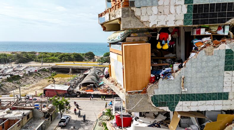 Damaged buildings are seen following the June 24 twin earthquakes in Caraballeda in the state of La Guaira, Venezuela, Thursday, July 2, 2026. (Miguel Medina/Pool Photo via AP)
