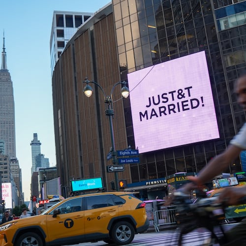 A "Just Married" sign is displayed on Madison Square Garden during a wedding between singer Taylor Swift and National Football League player Travis Kelce on Friday, July 3, 2026, in New York. (AP Photo/Ryan Murphy)