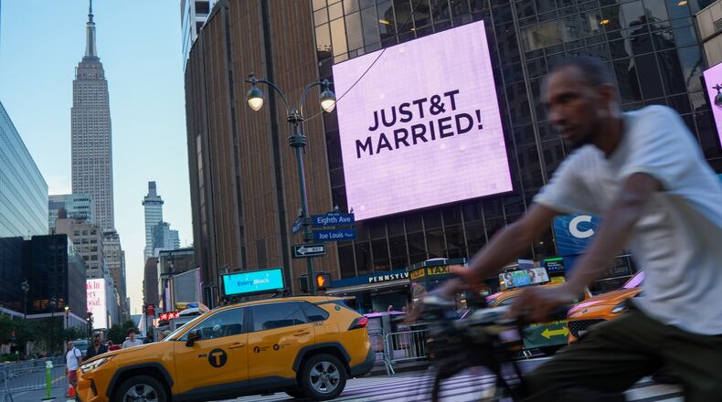 A "Just Married" sign is displayed on Madison Square Garden during a wedding between singer Taylor Swift and National Football League player Travis Kelce on Friday, July 3, 2026, in New York. (AP Photo/Ryan Murphy)