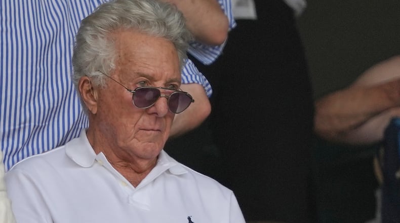 Actor Dustin Hoffman watches a Alexander Zverev of Germany defeats Arthur Fery of Britain during their men's singles semifinal match at the Wimbledon Tennis Championships in London, Friday, July 10, 2026. (AP Photo/Kirsty Wigglesworth)