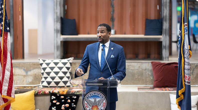 March 28, 2022: Atlanta Mayor Andre Dickens speaks during a press conference on March 28, 2022, at Pittsburgh Yards in southwest Atlanta (City of Atlanta).