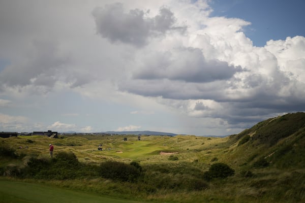 A general view of the Royal Portrush golf course during a practice round for the 2025 British Open golf championship at the Royal Portrush Golf Club, Northern Ireland, Monday, July 14, 2025. (AP Photo/Francisco Seco)