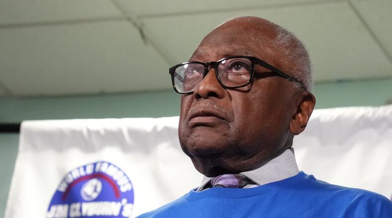 U.S. Rep. Jim Clyburn, D-S.C., speaks to reporters ahead of remarks at his "World Famous Fish Fry" event on Friday, May 29, 2026, in Columbia S.C. (AP Photo/Meg Kinnard)