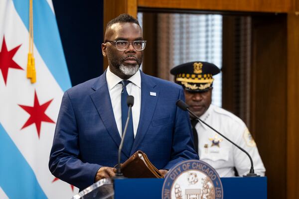 Chicago mayor Brandon Johnson responds to an overnight shooting during a news conference at City Hall in the Loop, Thursday, July 3, 2025. (Ashlee Rezin/Chicago Sun-Times via AP)