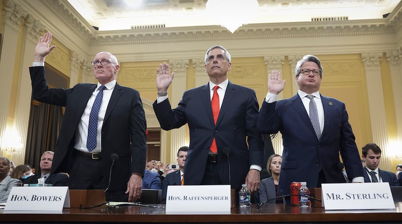 From left to right: Arizona House Speaker Rusty Bowers, Georgia Secretary of State Brad Raffensperger and Gabriel Sterling, chief operating officer of the Georgia secretary of state's office, are sworn in prior to testifying Tuesday during the fourth public hearing of the U.S. House committee investigating the Jan. 6, 2021, attack on the Capitol. (Kevin Dietsch/Getty Images/TNS)