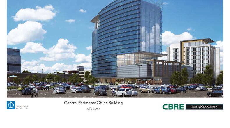 A conceptual drawing shows the proposed 16-story office tower near Perimeter Mall. The project's developer, Trammell Crow Company, recently broke ground on the complex near the Dunwoody MARTA station.